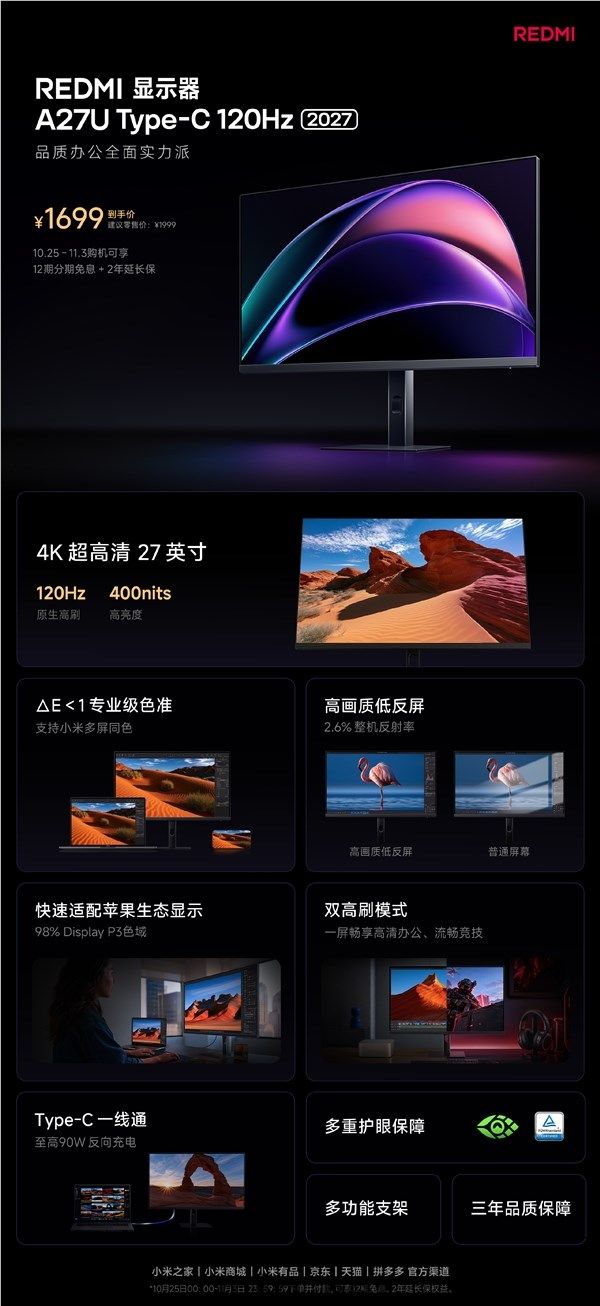 1699元 REDMI发布全新27英寸显示器:4K/120Hz 支持240Hz(图1) 1699元 REDMI发布全新27英寸显示器:4K/120Hz 支持240Hz